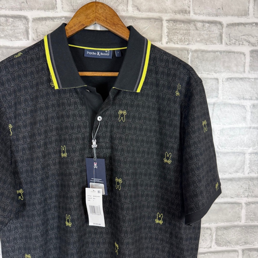 Psycho Bunny Mens Belmont AOP Pique Polo Black Yellow Logo Size 7 XL B6K607A2PC